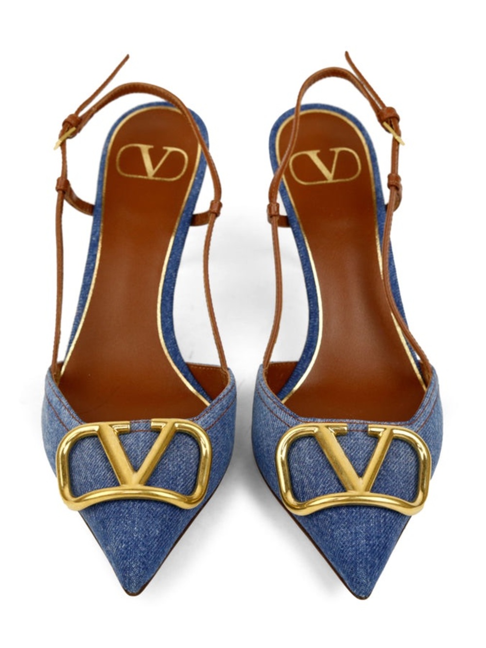 Women's Denim Pointed-Toe Slingback Heels with Gold V Accent
